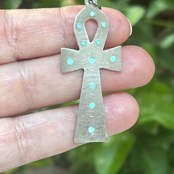 Vintage Silver Ankh Key Pendant with Turquoise Gems - Picture 13 of 17